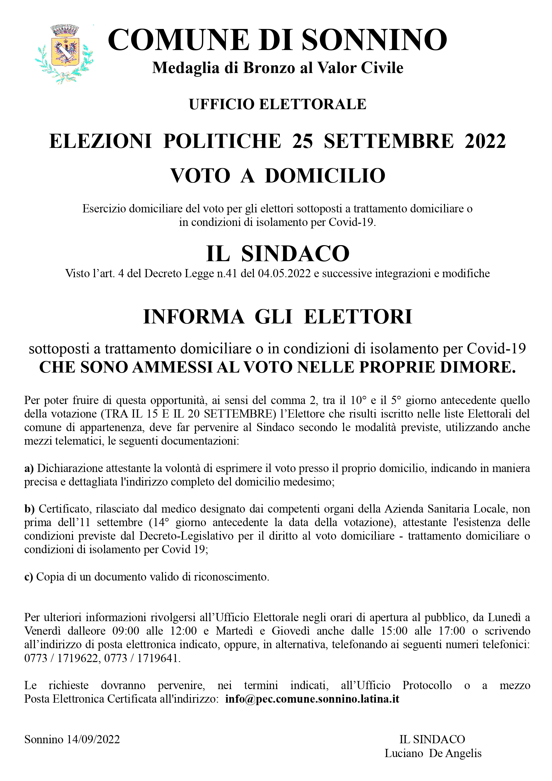 ELEZIONI POLITICHE 25 SETTEMBRE 2022 - VOTO A DOMICILIO COVID_19